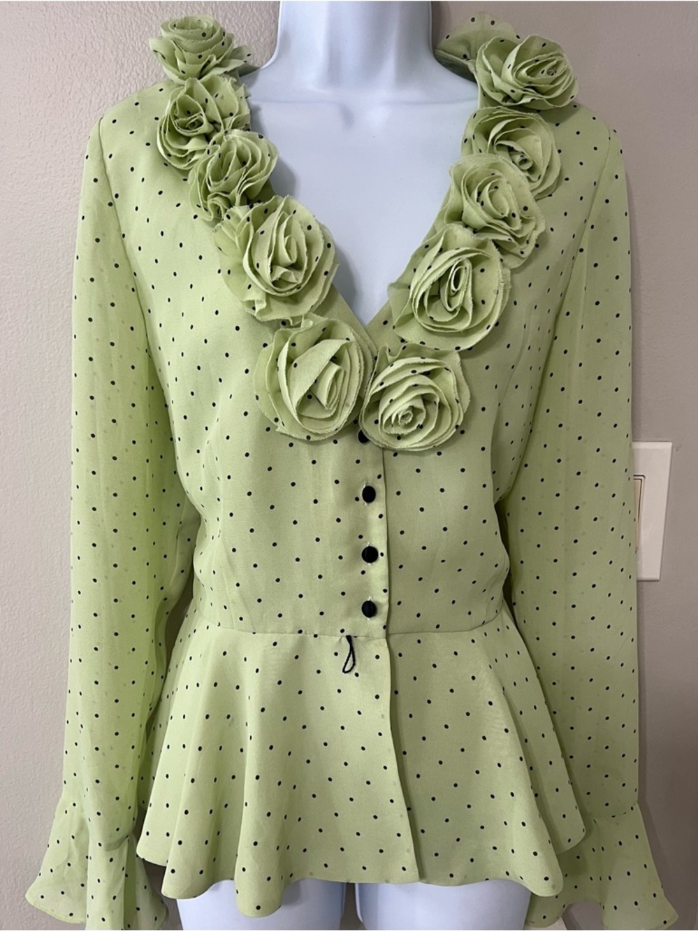Vtg Isadora Mint Green Polka Dot Rosette Ruffle Blouse Top NWT Cottagecore Sz 12